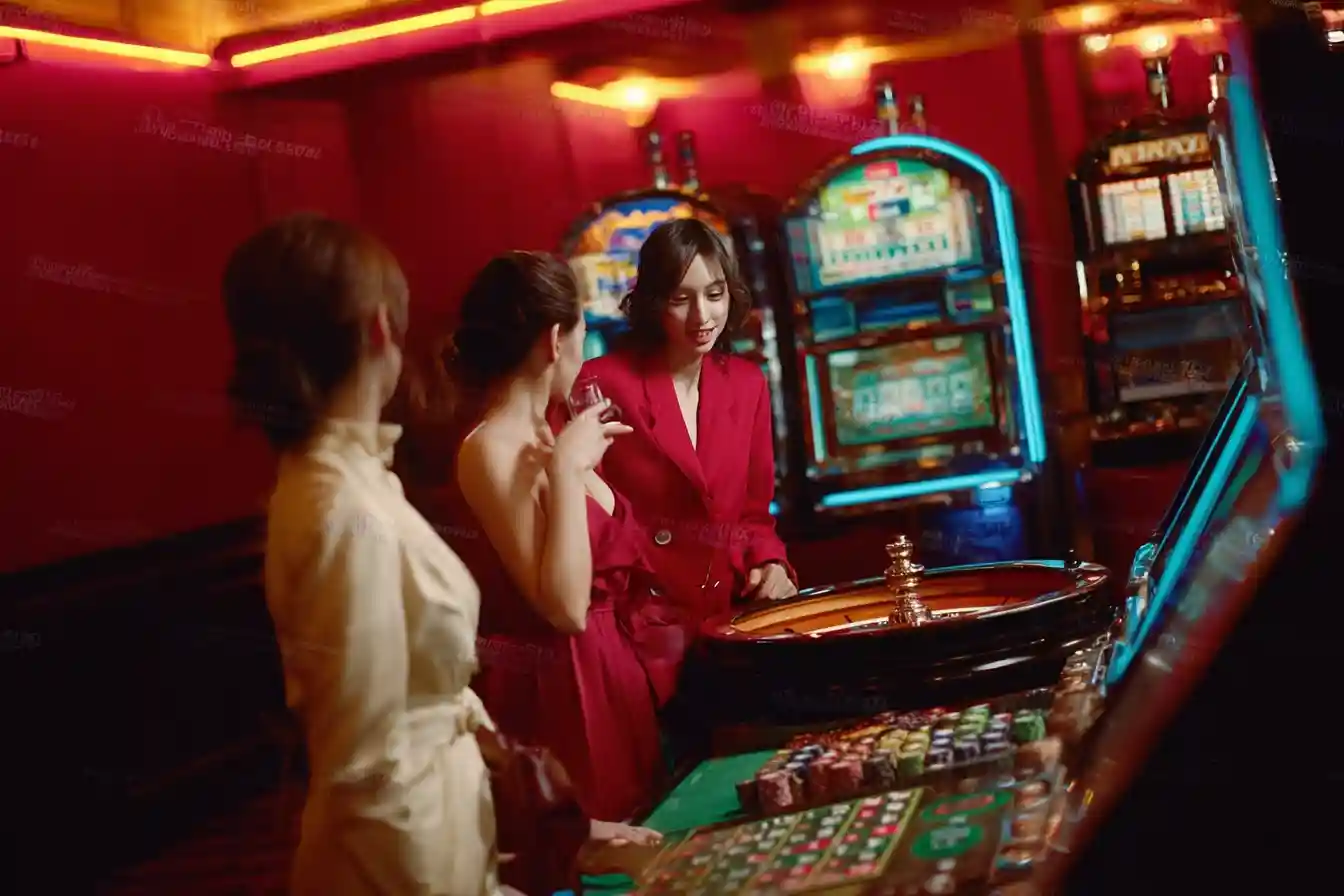 A colorful penny slot machine in a casino setting